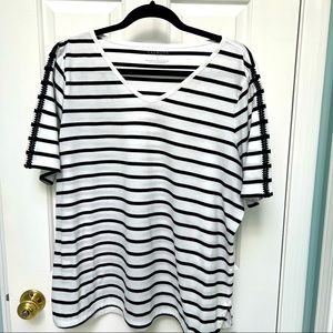 Talbots 100% Pima cotton tees hurt with fagotting  on sleeves. 1X. Navy stripe